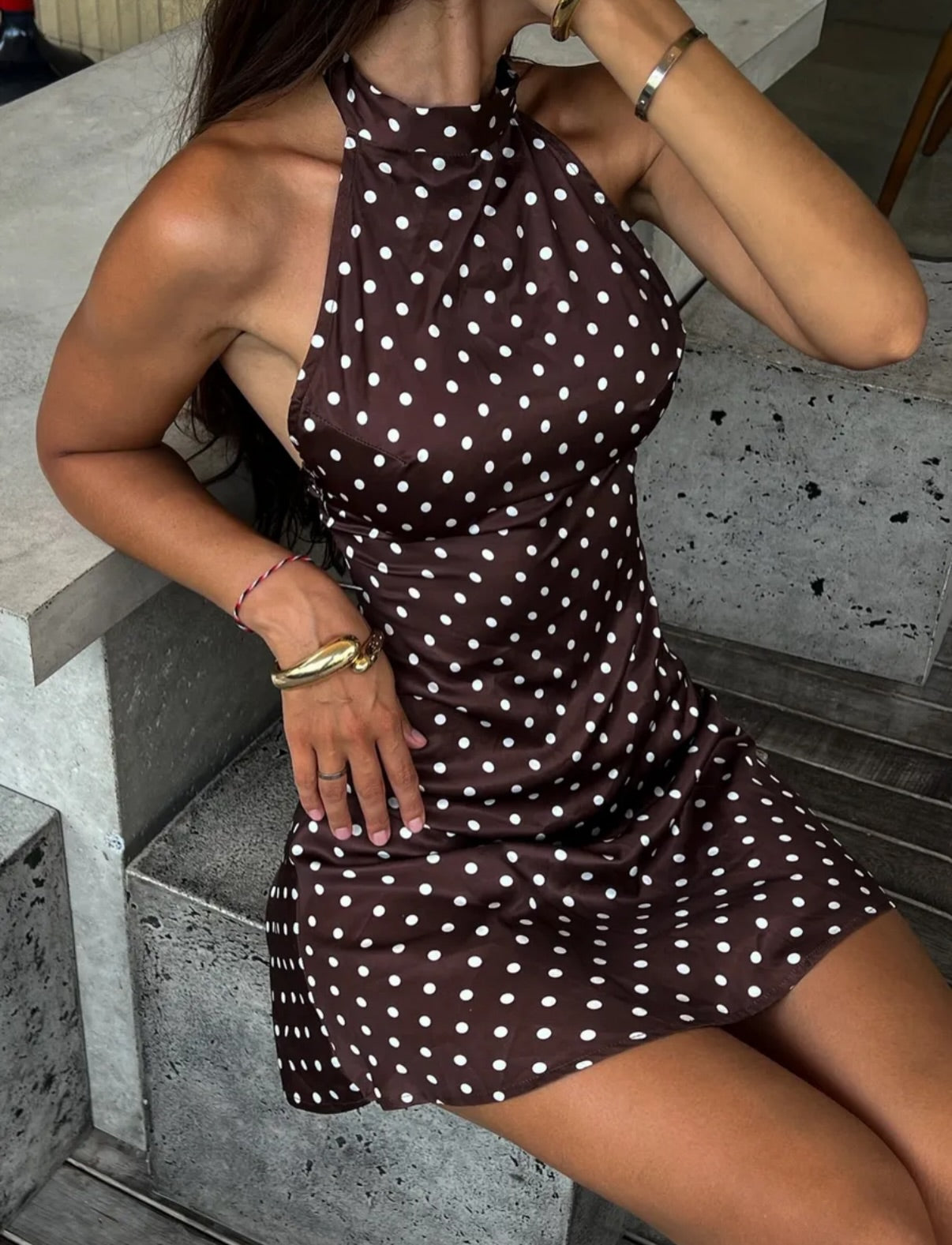 Satin Polka Dot Halter Neck Mini Dress