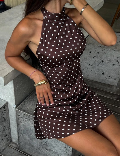 Satin Polka Dot Halter Neck Mini Dress