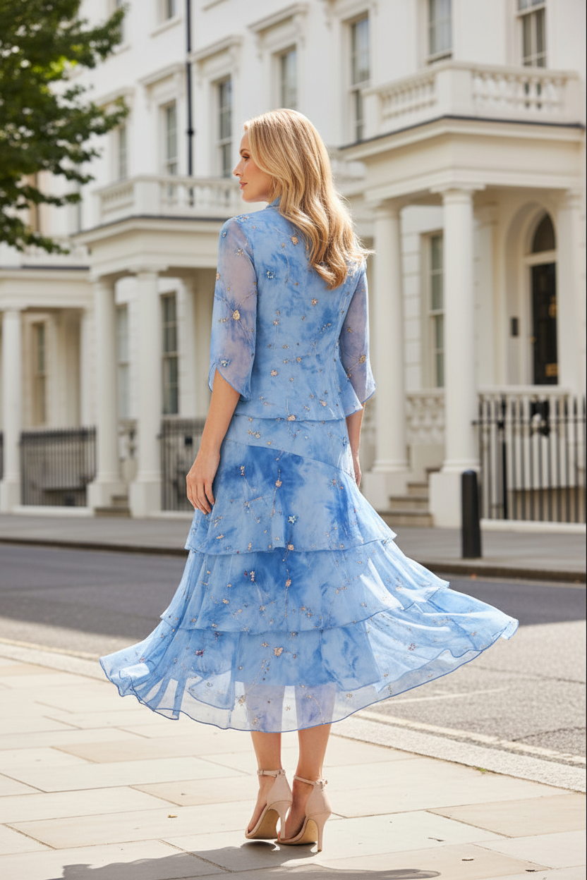 Tiered Asymmetrical Midi Dress with Ruffle Jacket