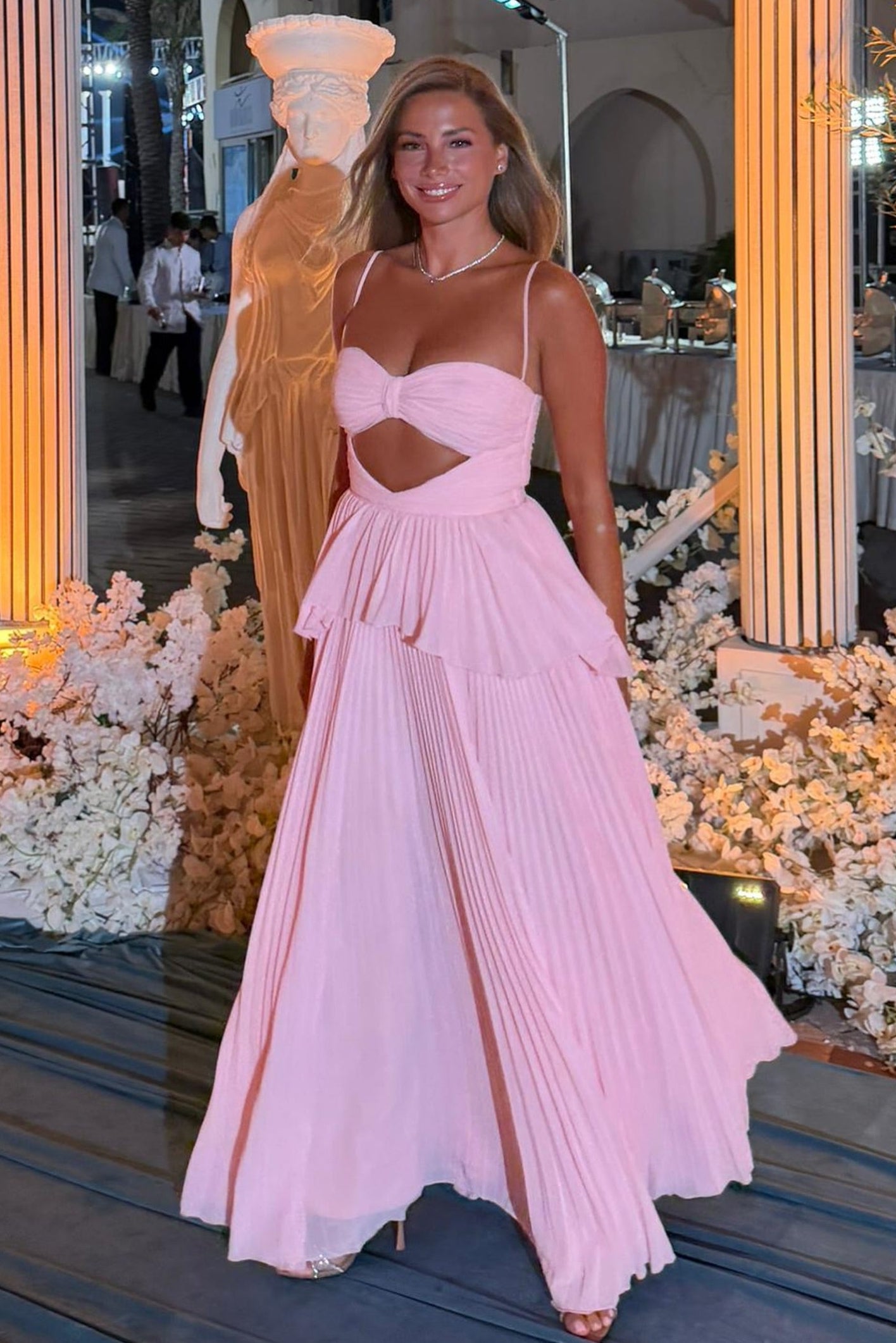 Pleated Cut-Out Tiered Maxi Dress