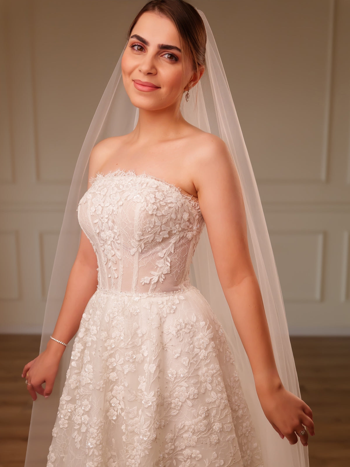 Strapless Floral Lace A-Line Wedding Dress