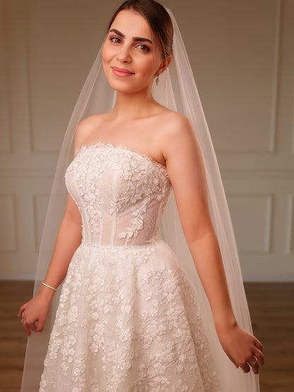 Strapless Floral Lace A-Line Wedding Dress
