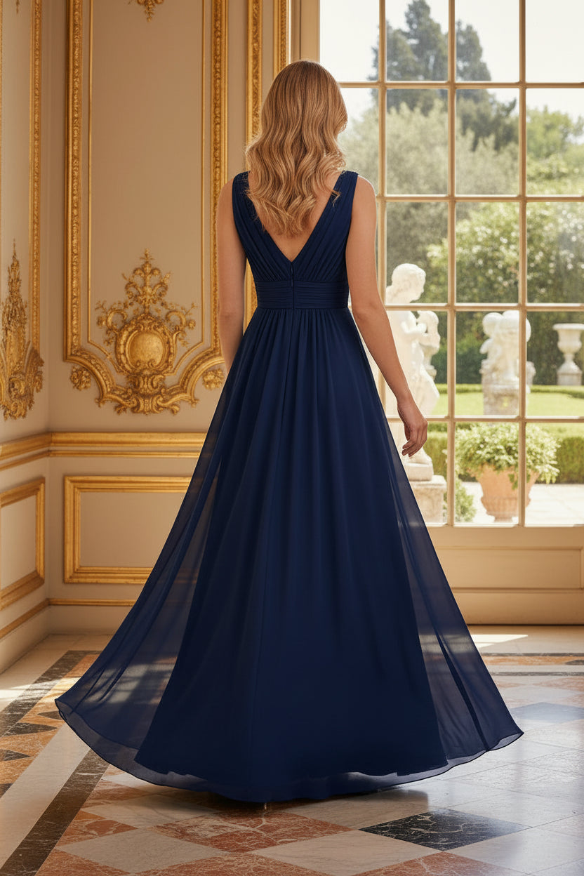 Pleated V-Neck Sleeveless A-Line Maxi Gown