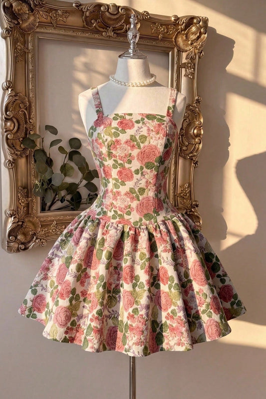 Square Neck Floral Jacquard Fit and Flare Mini Dress