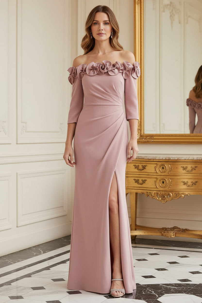 Off-the-Shoulder 3D Floral Gown with Slit
