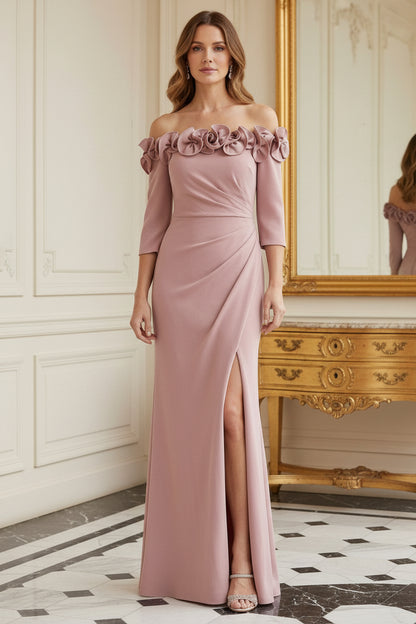 Off-the-Shoulder 3D Floral Gown with Slit