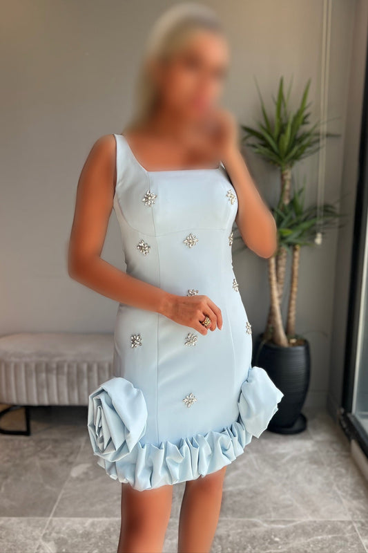 Square Neck 3D Flower Embellished Mini Dress