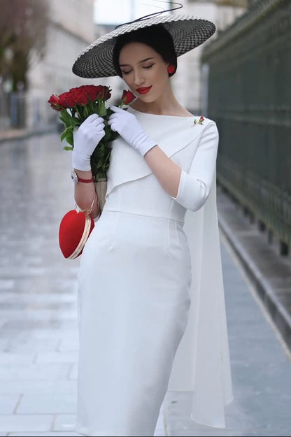 Cape Detail Midi Sheath Dress with 3/4 Sleeves