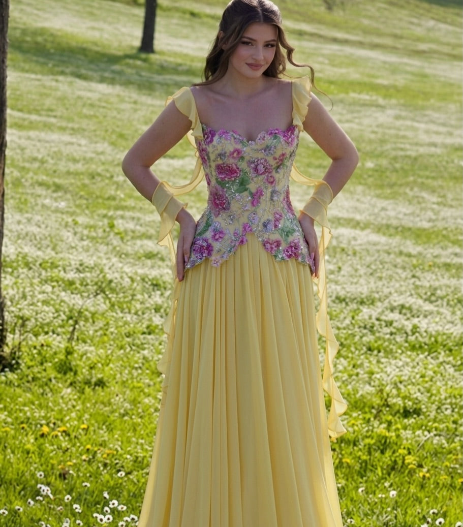 Romantic Floral Embroidered Chiffon A-Line Gown