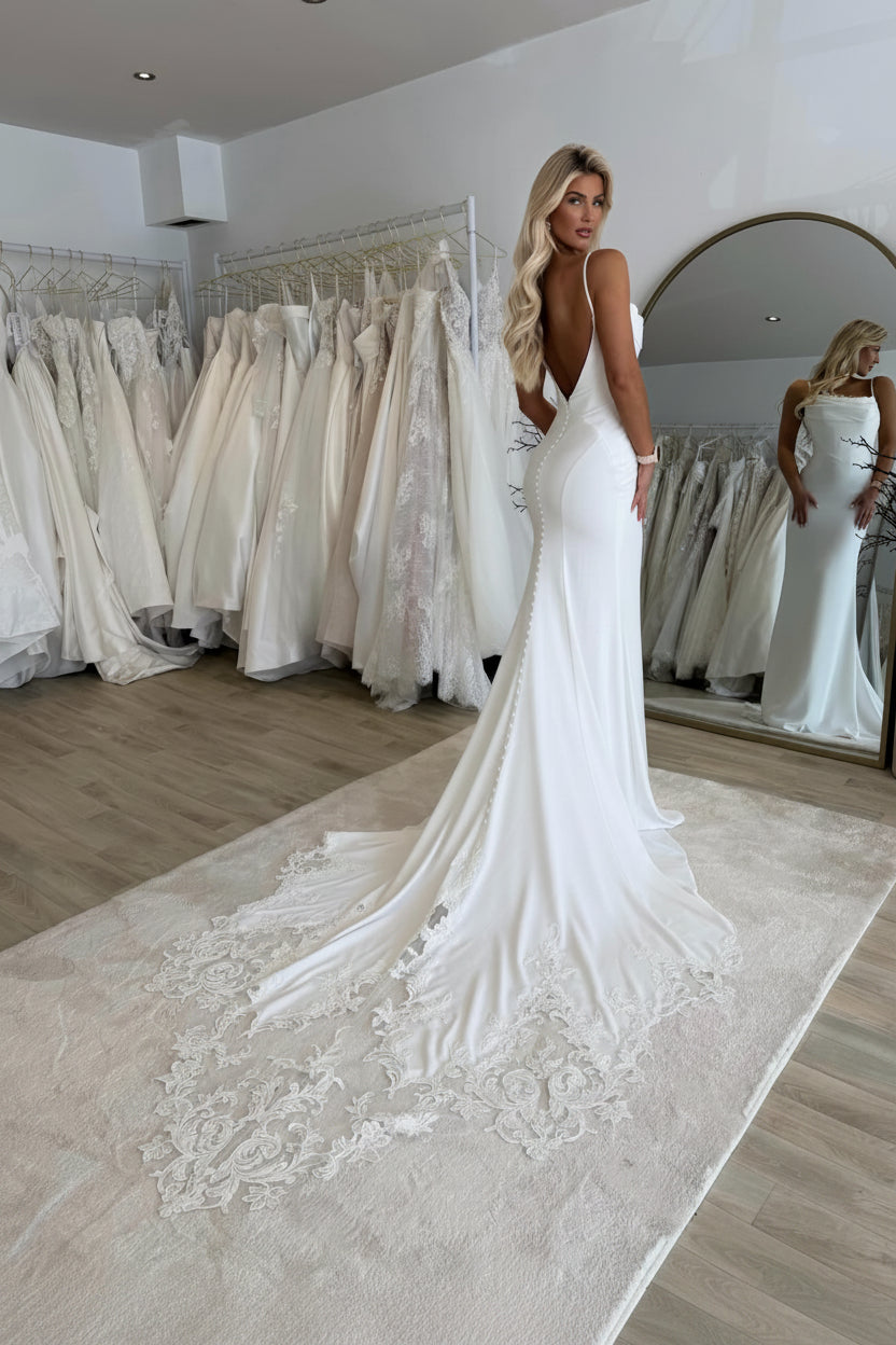 Cowl Neck Sheath Wedding Dress with Lace Train