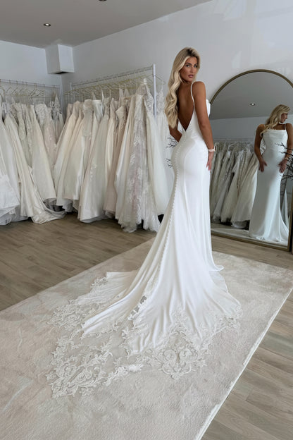 Cowl Neck Sheath Wedding Dress with Lace Train