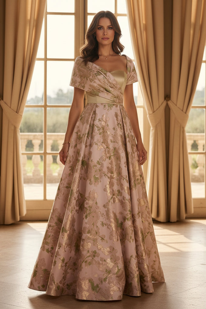Floral Jacquard A-Line Gown with Off-Shoulder Drape