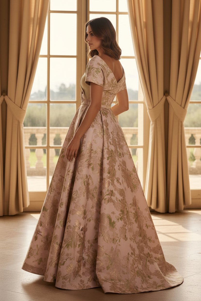Floral Jacquard A-Line Gown with Off-Shoulder Drape