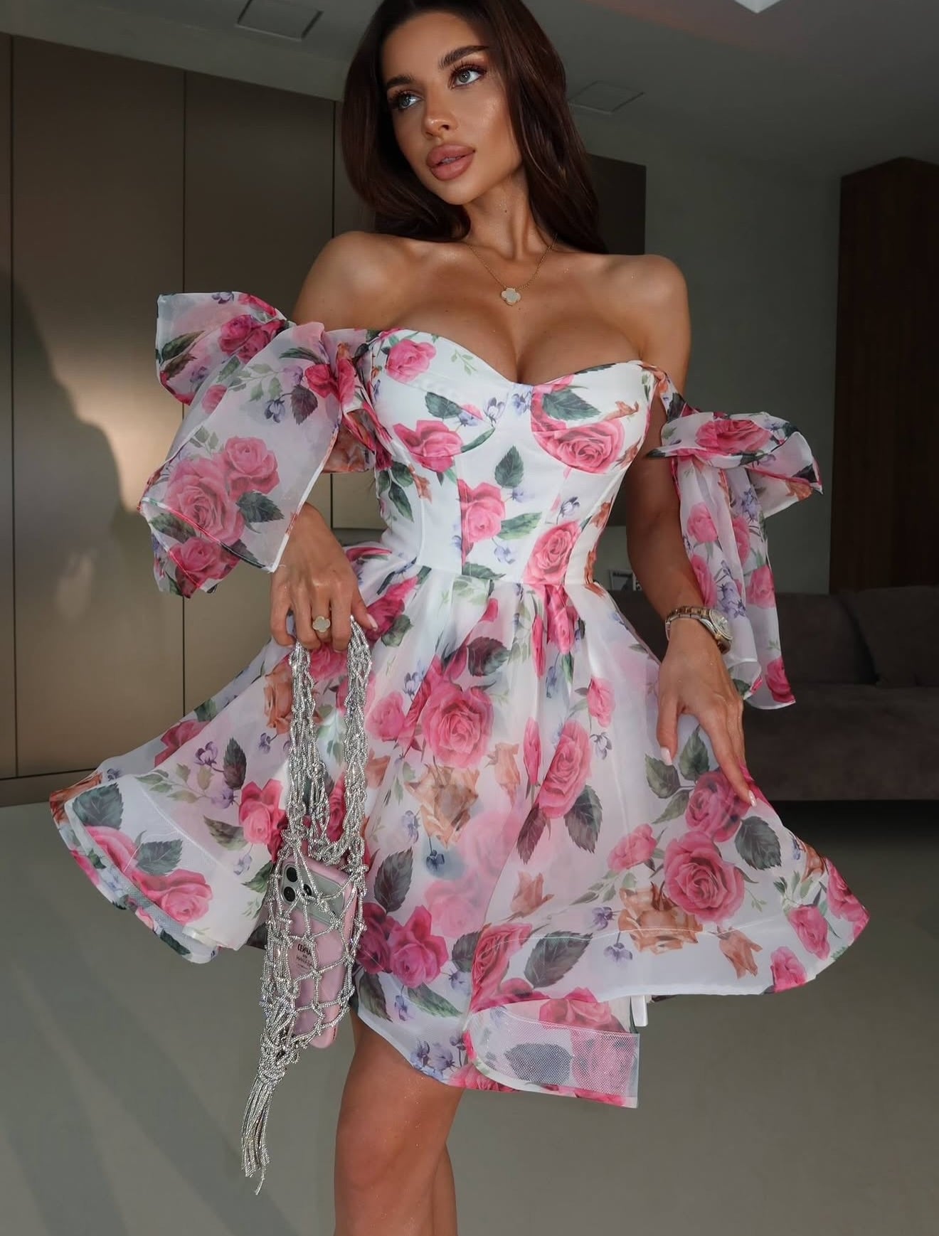 Off-Shoulder Floral Organza Corset Mini Dress