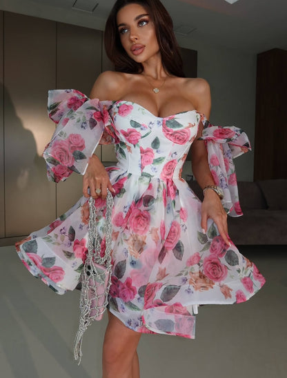 Off-Shoulder Floral Organza Corset Mini Dress