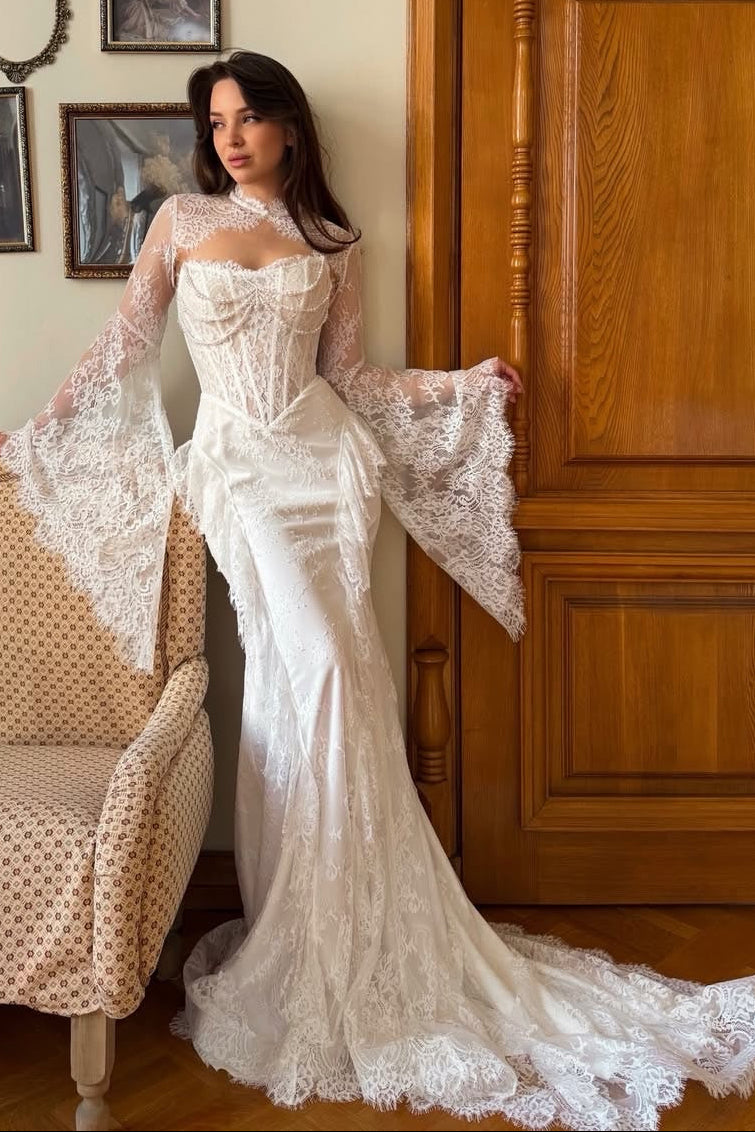 Lace Corset Mermaid Wedding Dress with Bell Sleeves