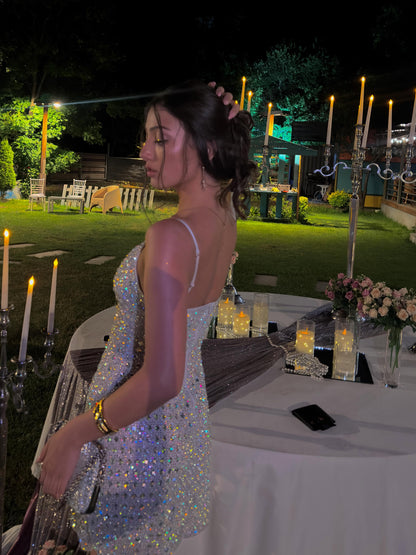 Rhinestone Embellished Mini Dress with Spaghetti Straps