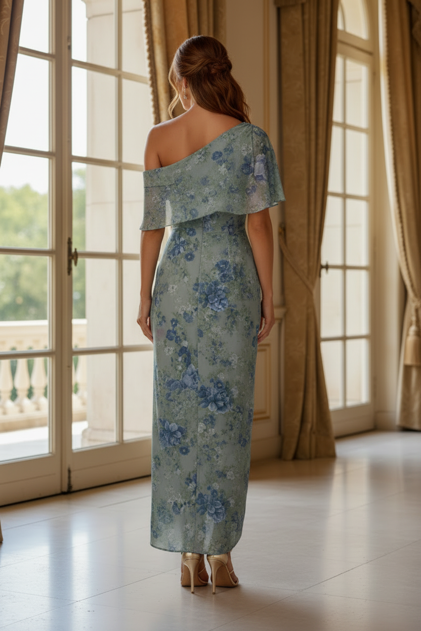 One-Shoulder Floral Print Sheath Maxi Dress