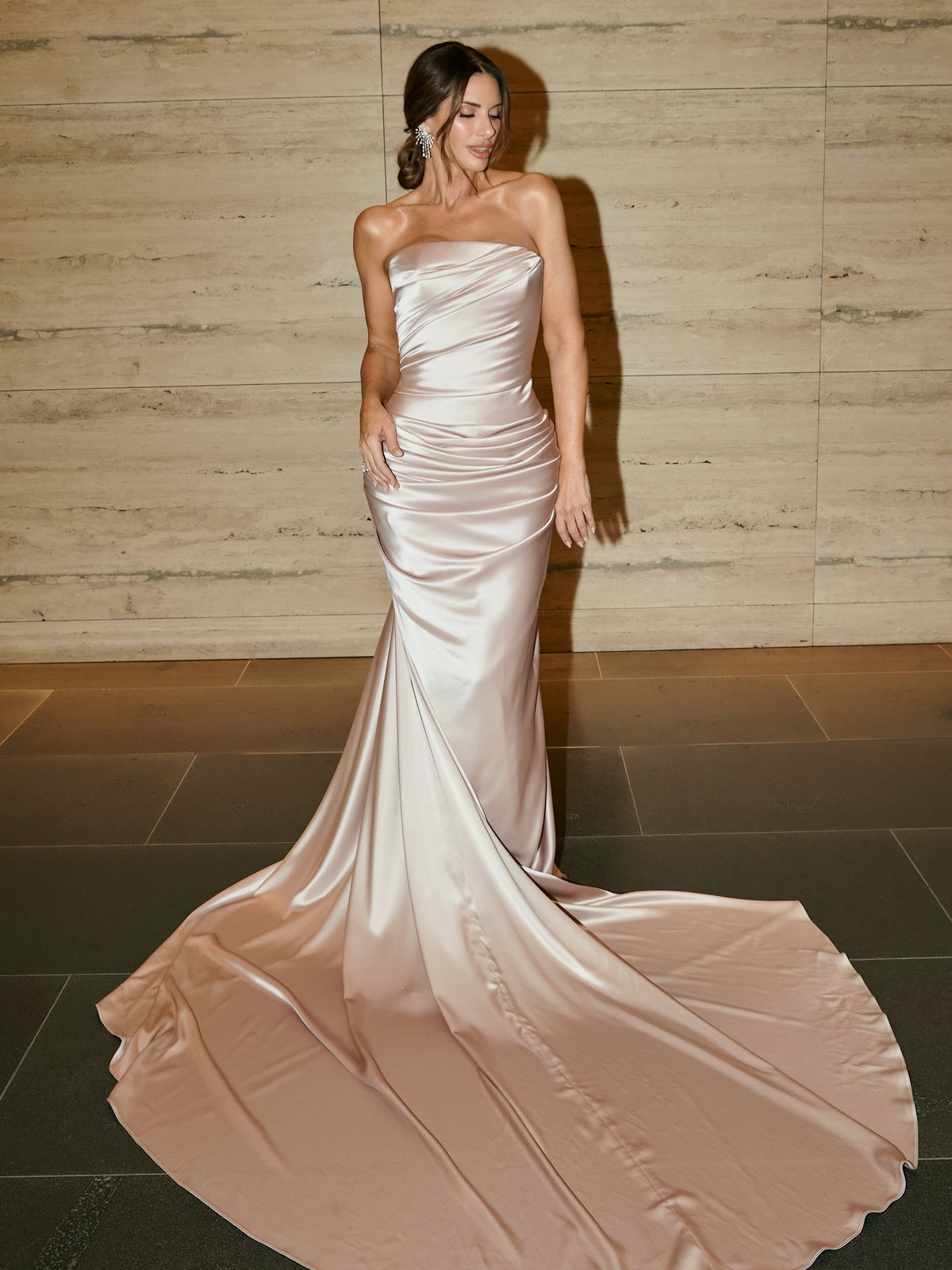 Strapless Ruched Satin Evening Gown with Train