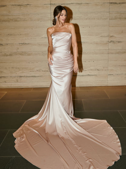 Strapless Ruched Satin Evening Gown with Train