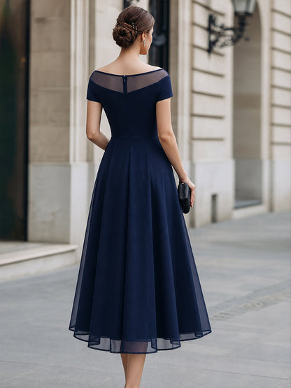 Illusion Neckline Short Sleeve A-Line Midi Dress