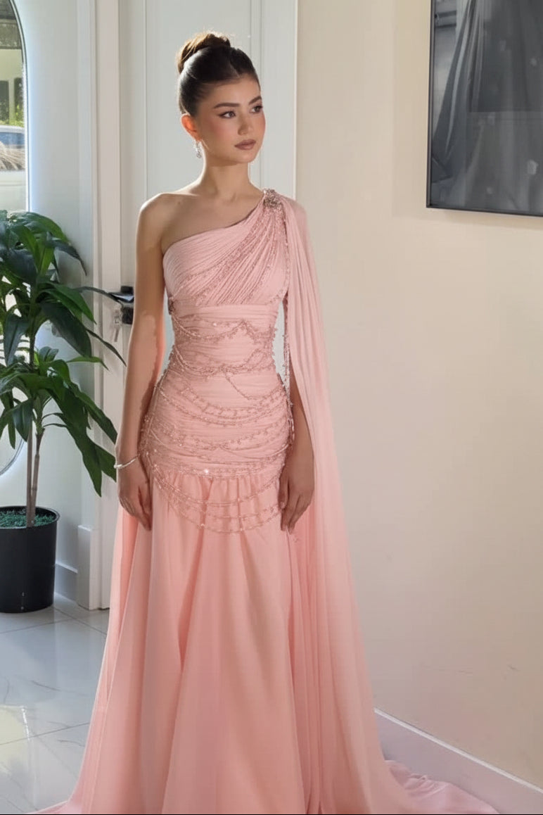 One-Shoulder Beaded Draped Cape Evening Gown
