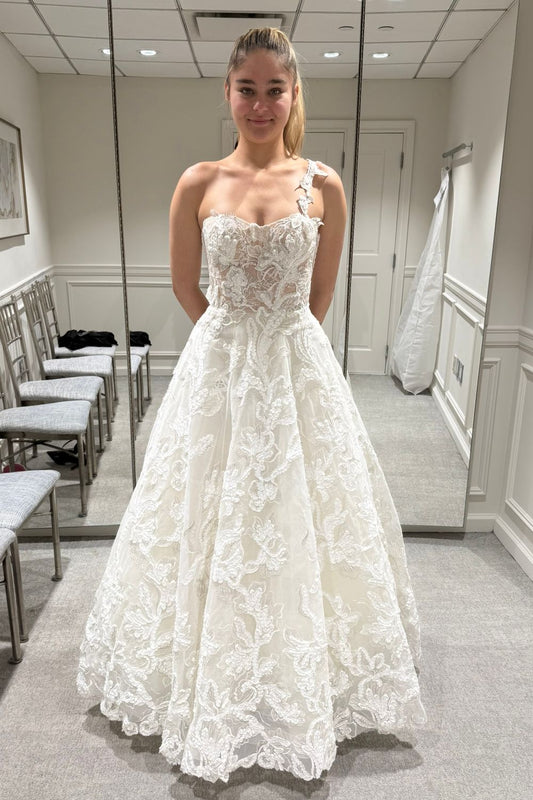 One-Shoulder Lace A-Line Gown with Chapel Train