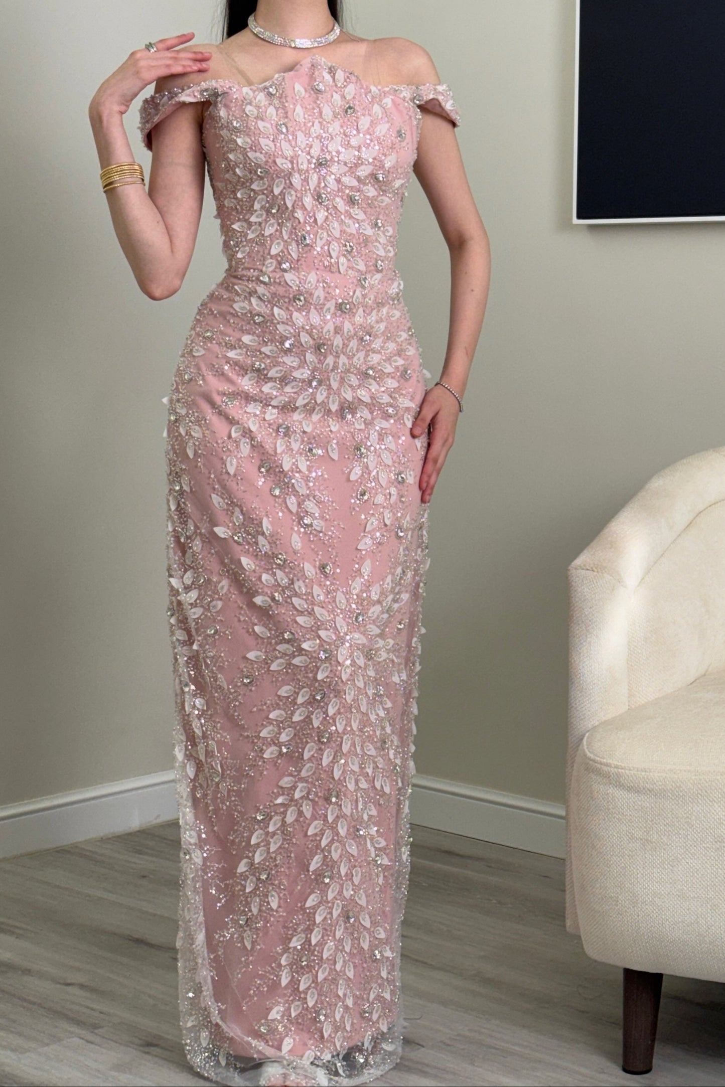 Embellished Off-the-Shoulder Column Evening Gown