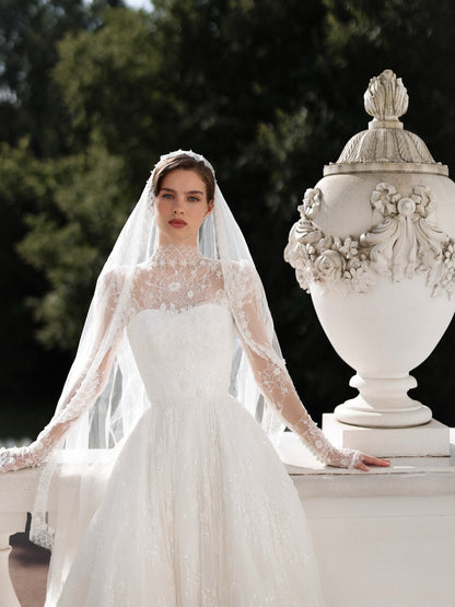High Neck Long Sleeve Lace A-Line Wedding Dress