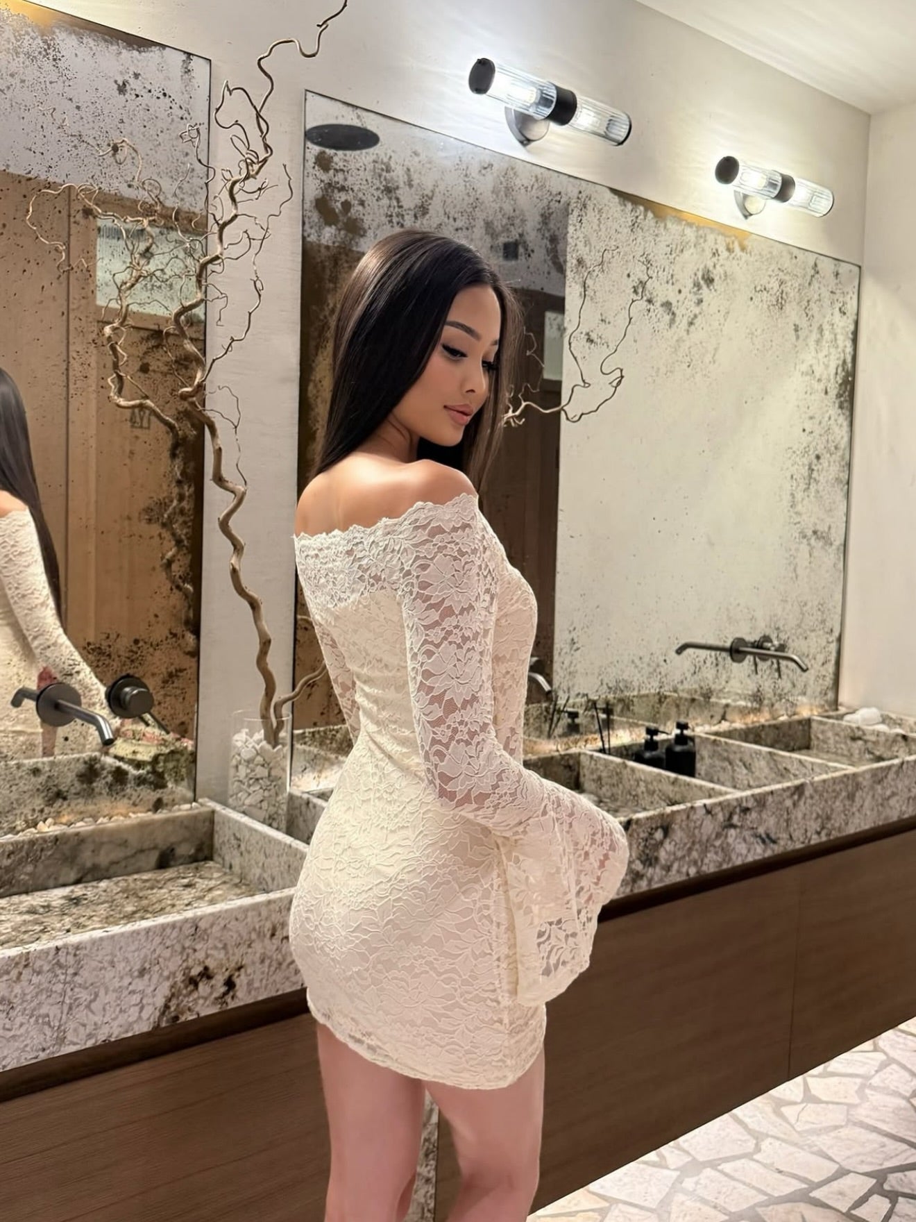 Off-the-Shoulder Lace Mini Dress with Bell Sleeves