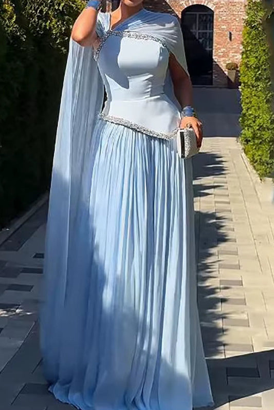 One-Shoulder Pleated Chiffon Gown with Cape