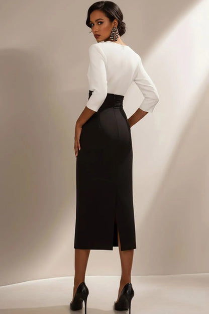 Asymmetric Neck Midi Sheath Dress with 3/4 Sleeves