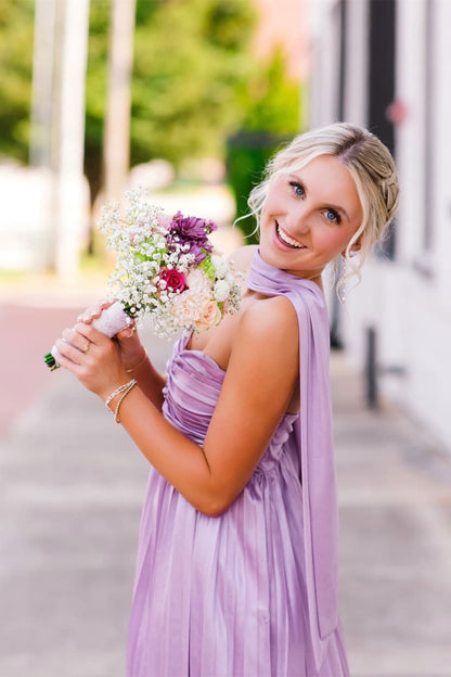 Pleated Strapless Mini Dress with Scarf