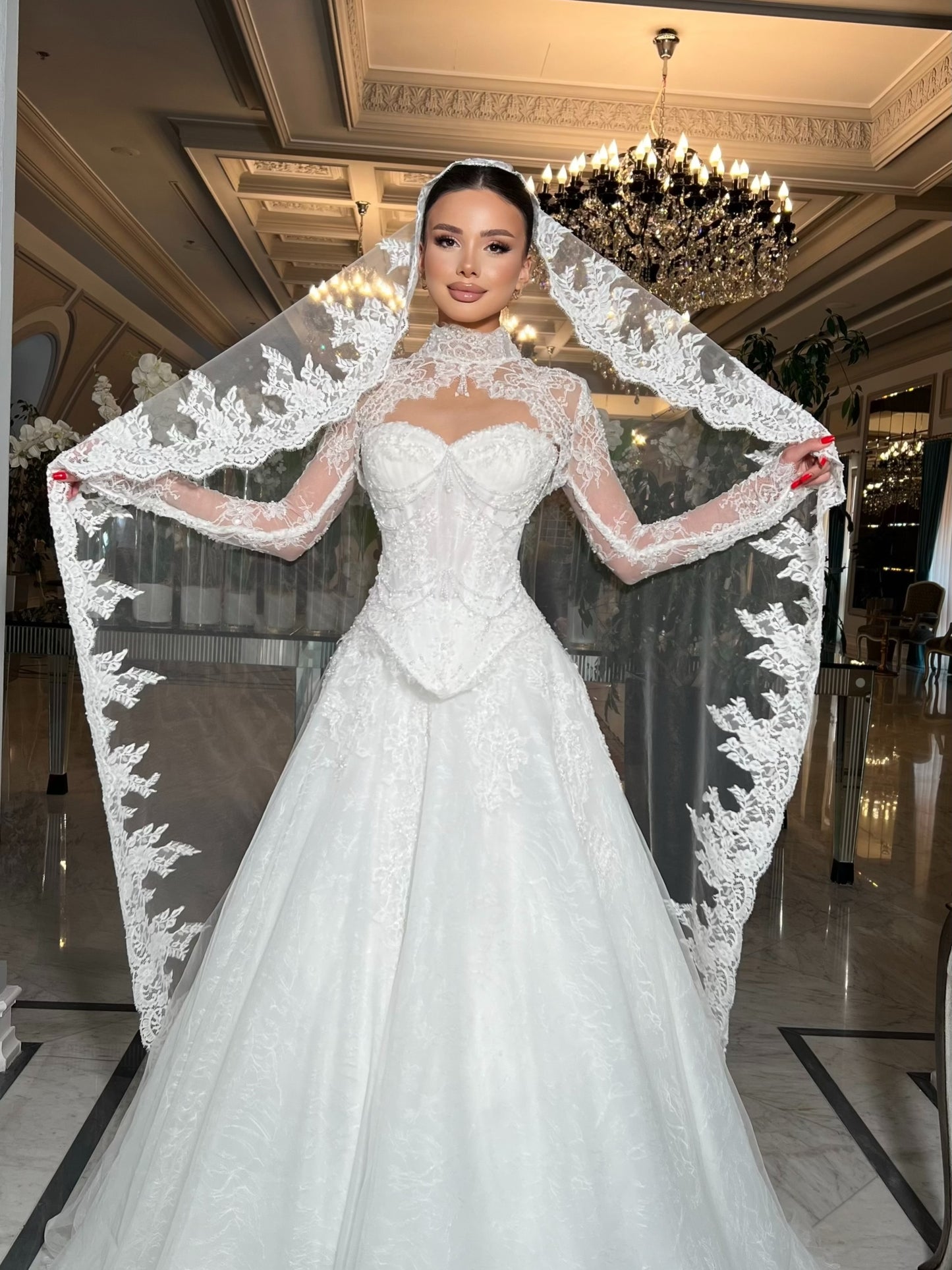 Lace High-Neck Corset Ball Gown Wedding Dress