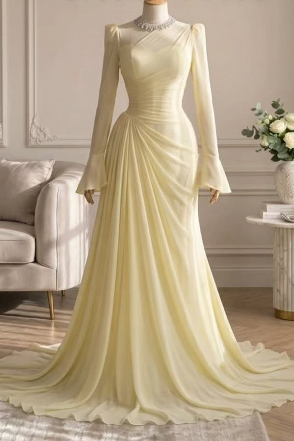 Ruched Illusion Neck Long Sleeve Gown