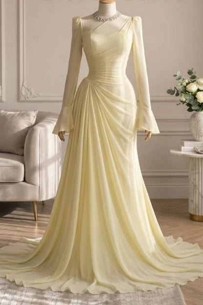 Ruched Illusion Neck Long Sleeve Gown