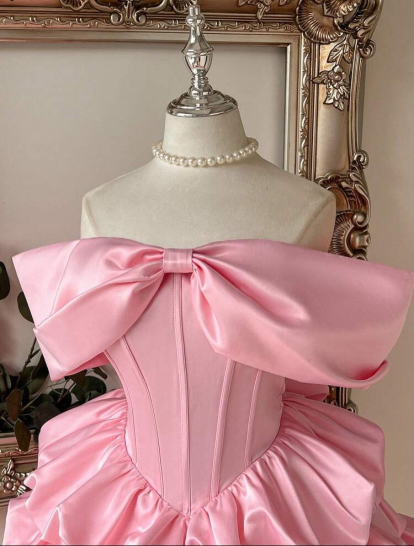 Off-Shoulder Satin Mini Ball Gown with Bows
