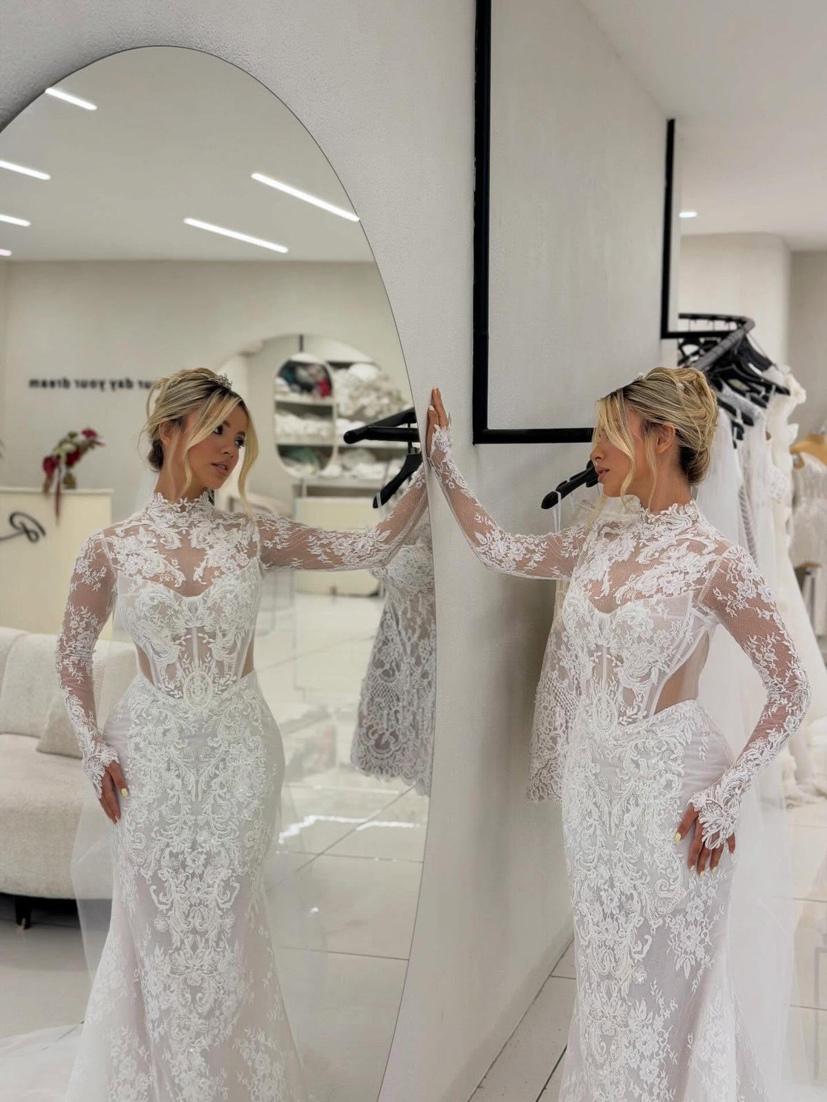 Lace High Neck Wedding Dress with Train