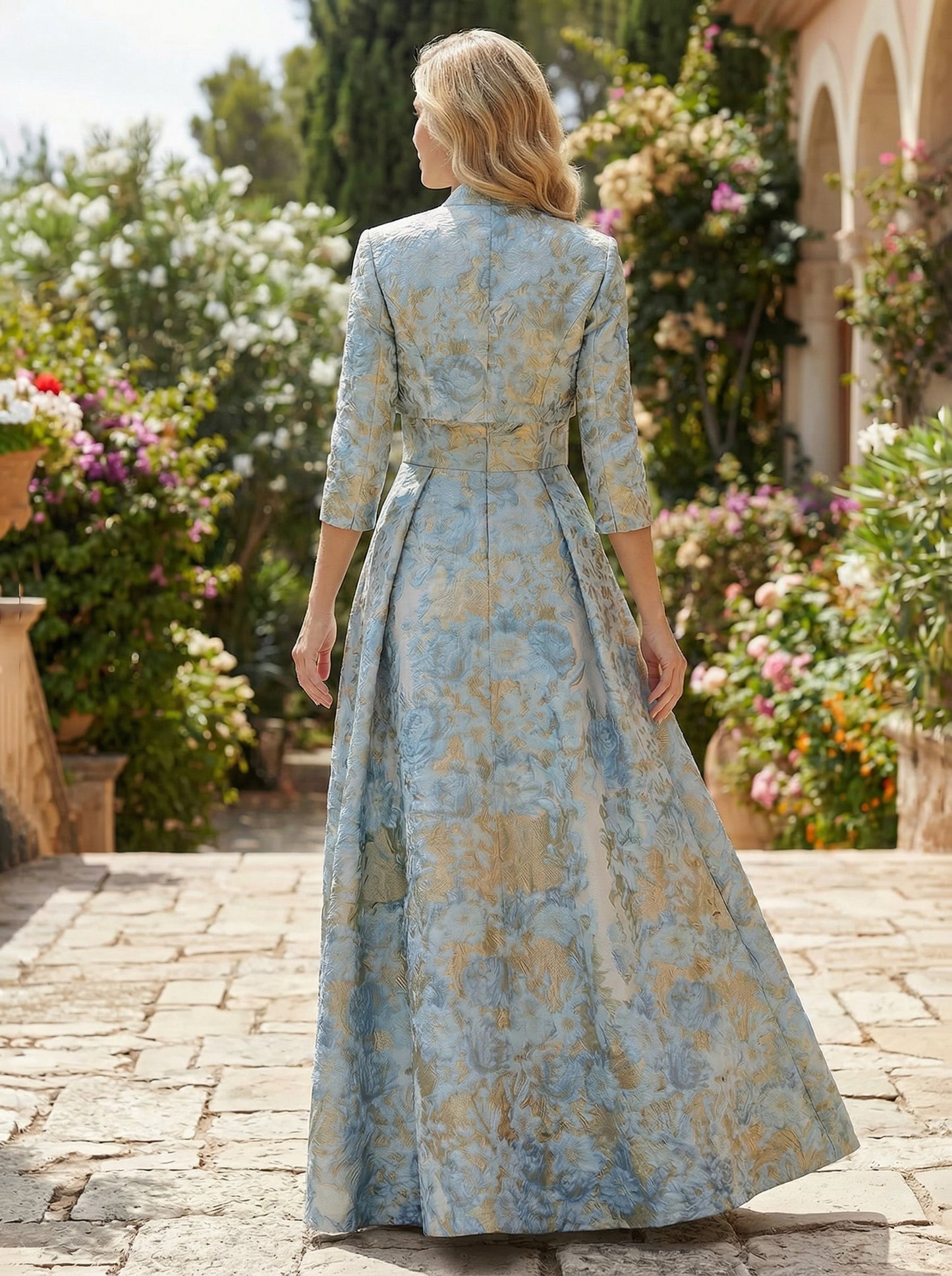 Floral Jacquard A-Line Gown with Matching Cropped Jacket