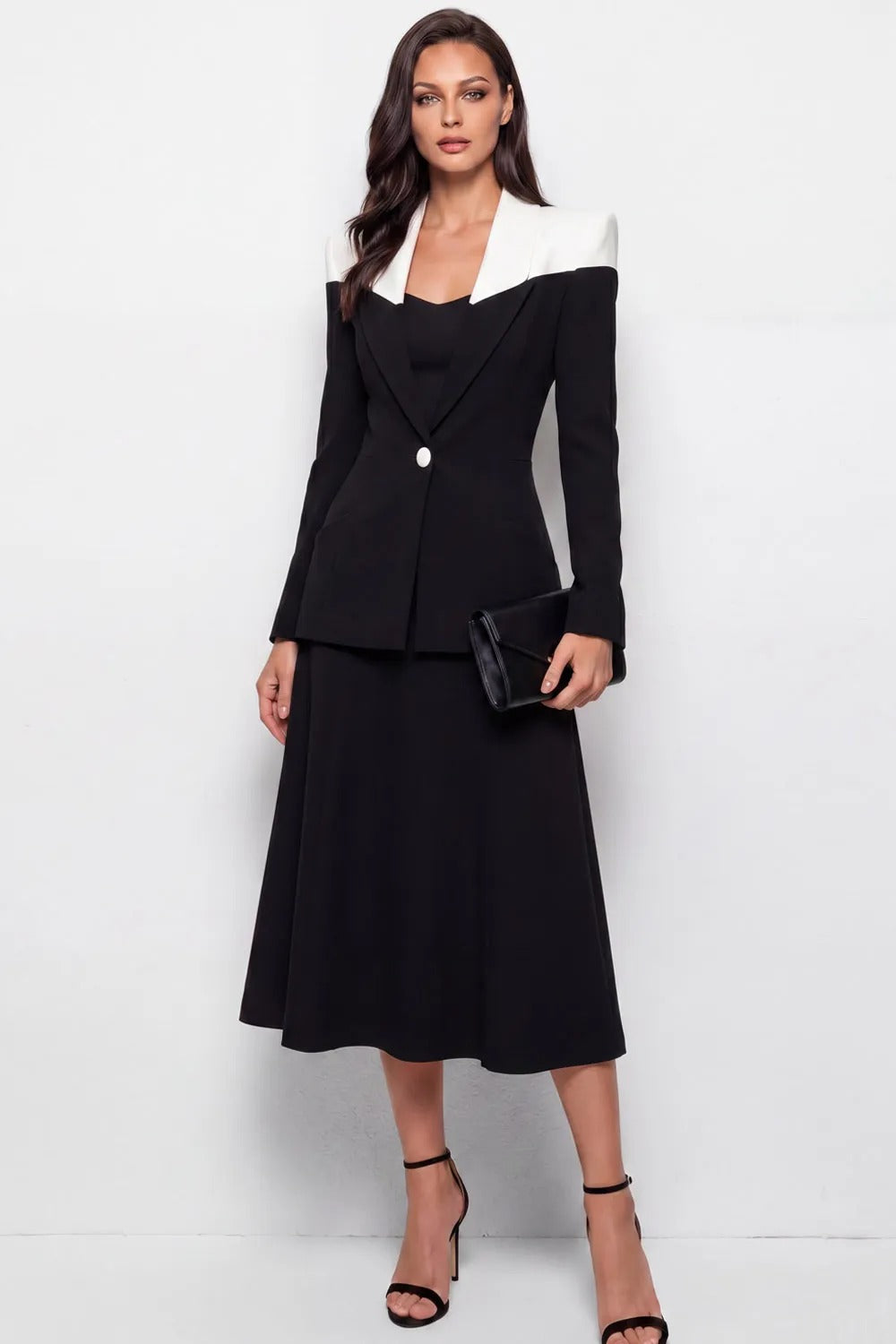 Colorblock Blazer and Midi Skirt Two-Piece Set