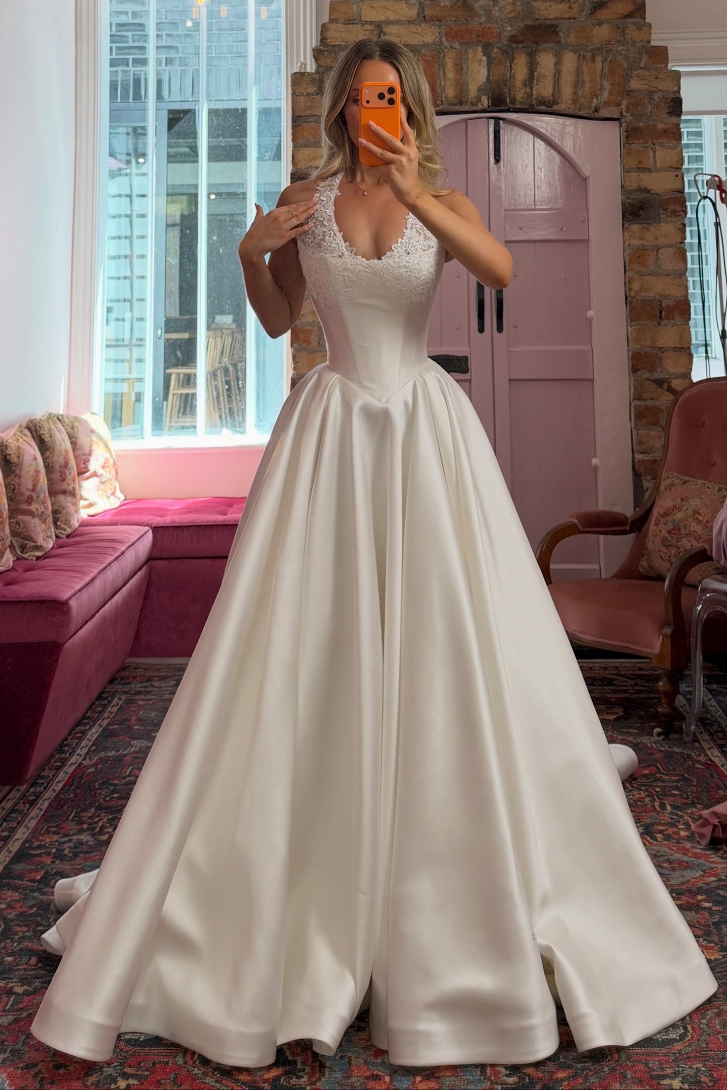 Satin Halter Ball Gown Wedding Dress with Pockets
