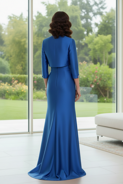 Royal Blue Satin Strapless Mermaid Mother of the Bride Dress with 3/4 Sleeve Jacket