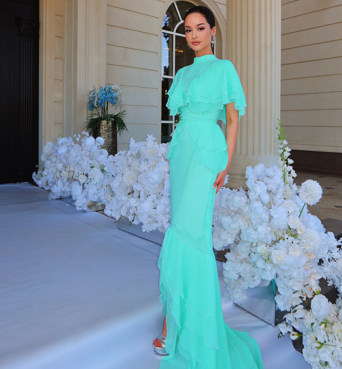 Tiered Ruffle Mermaid Evening Gown with Slit