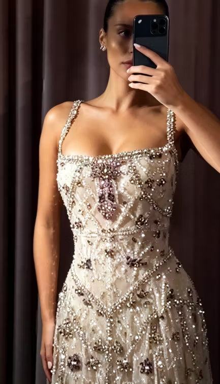 Sparkling Beaded Sequin Tulle Evening Gown