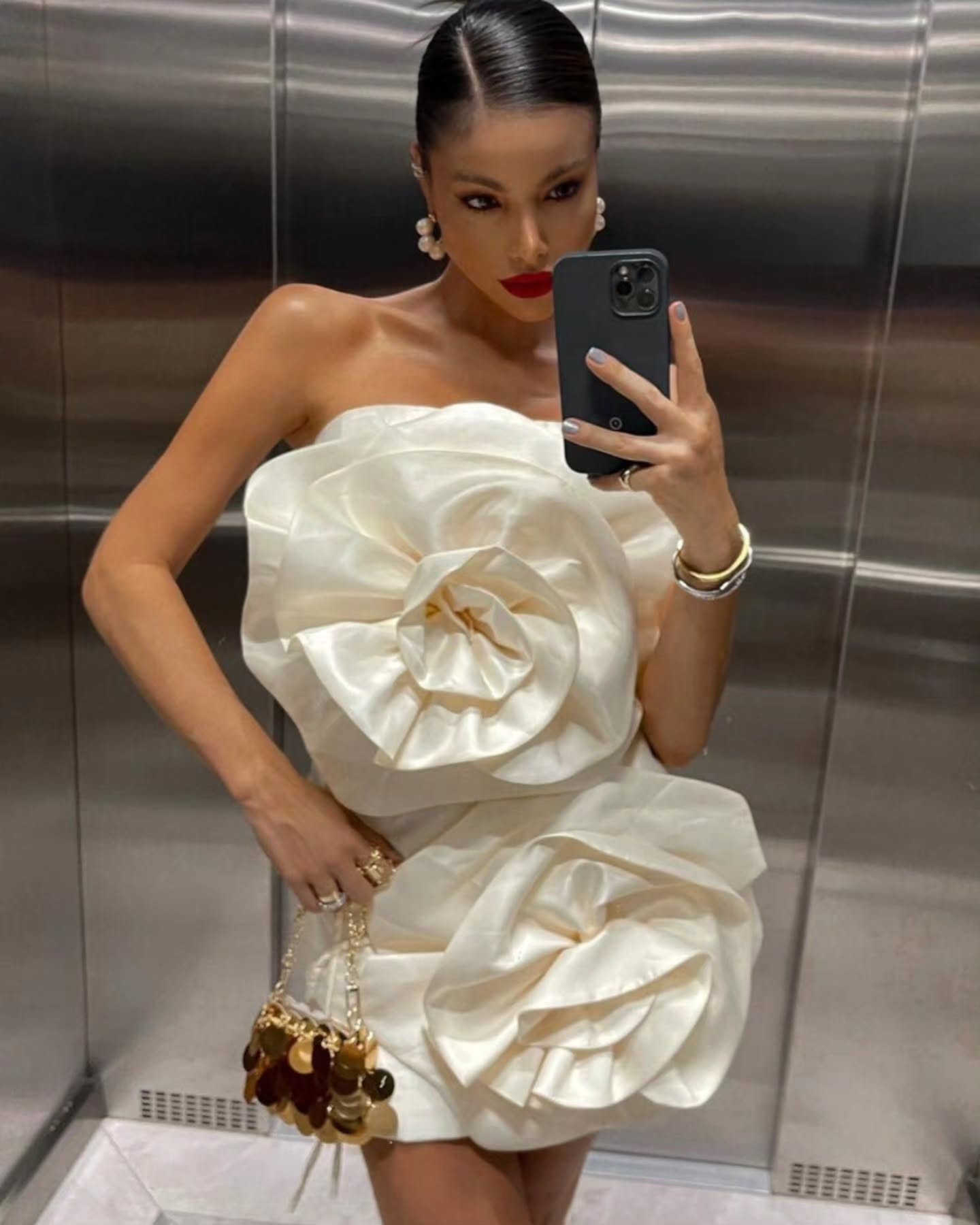 Strapless Satin 3D Floral Mini Dress