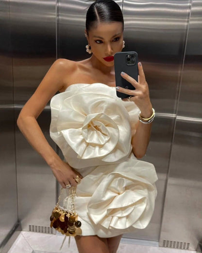 Strapless Satin 3D Floral Mini Dress