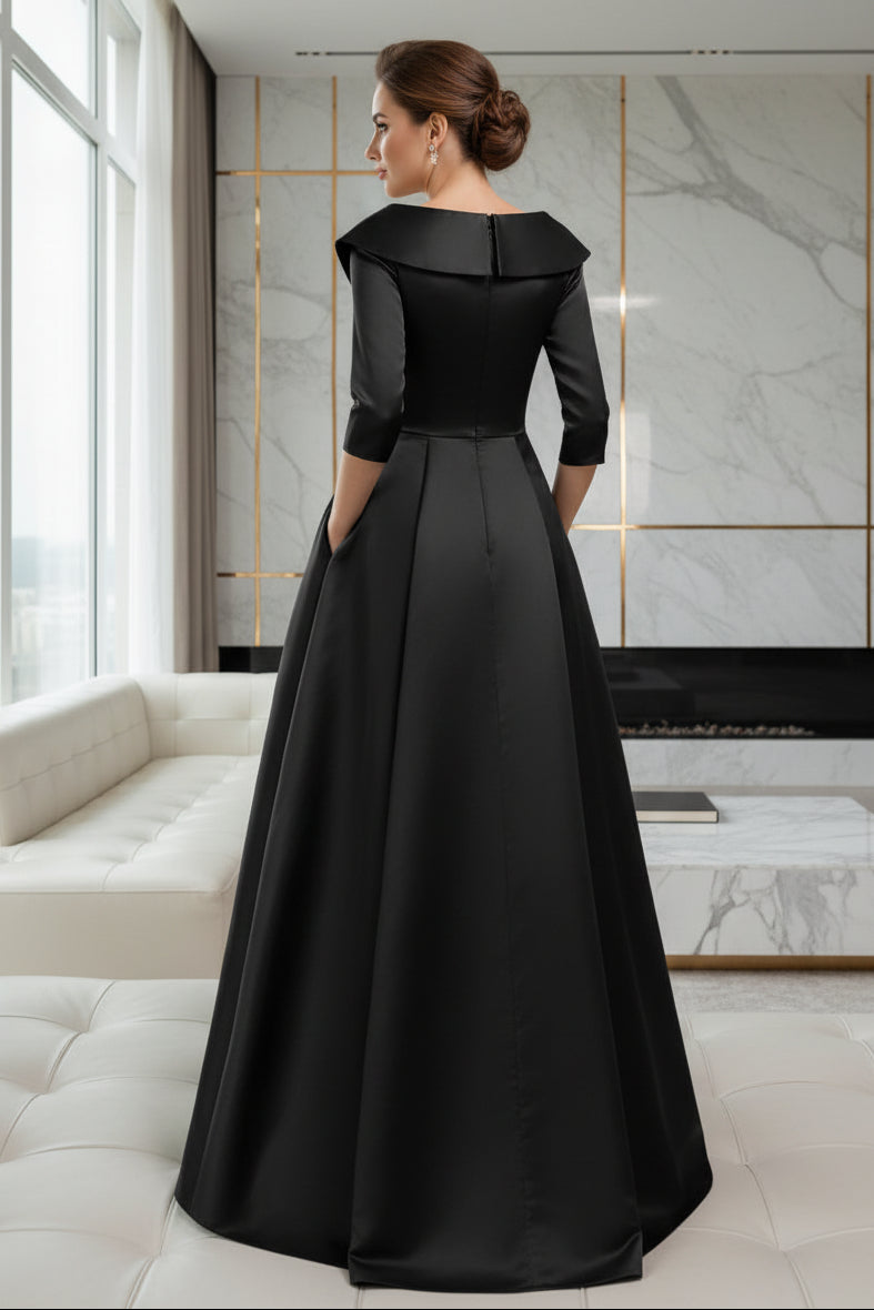 Black A-Line Mother of the Bride Dress with Gold Appliques & 3/4 Sleeves
