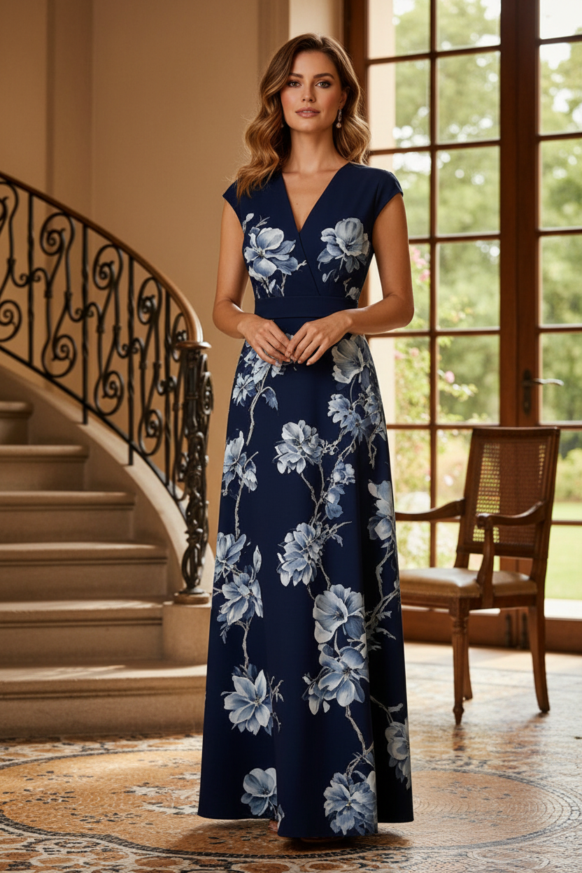 Elegant Floral Print V-Neck Maxi Dress