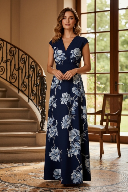 Elegant Floral Print V-Neck Maxi Dress