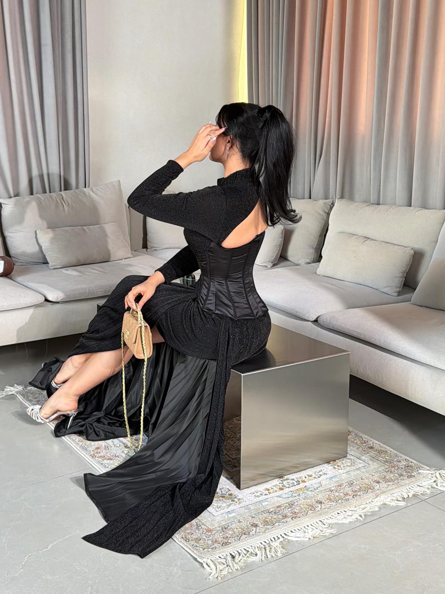 High Neck Corset Gown with Pleated Overskirt